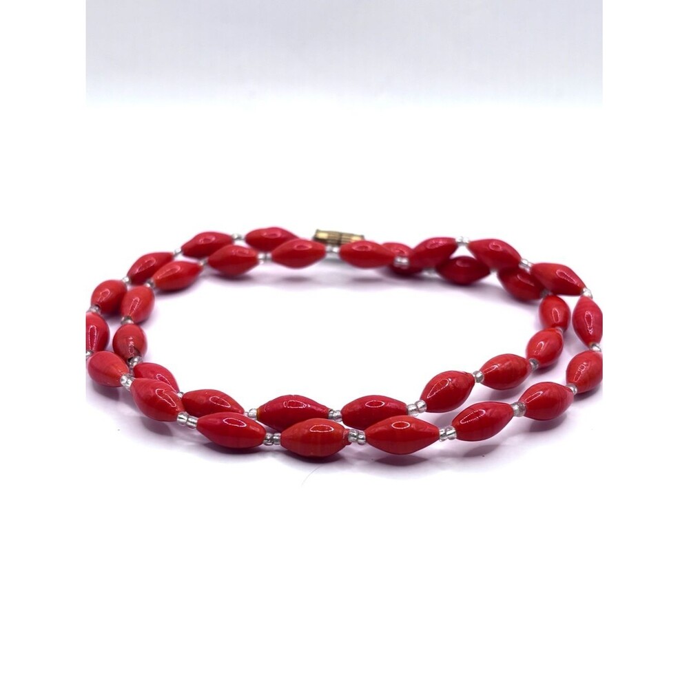 Vintage Glass Marbled Oval Red Bead Strand Collar Necklace - Women Jewelry